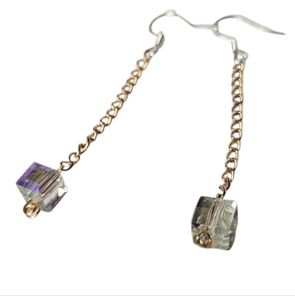 Austrian Cubic Crystal Glass Brass Chain Silver Plated Duster Earrings - Picture 2 of 2